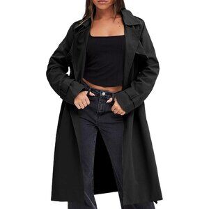 💫 Women Black Causal Long Overcoat Double Breasted Windproof Belt Trench Coats